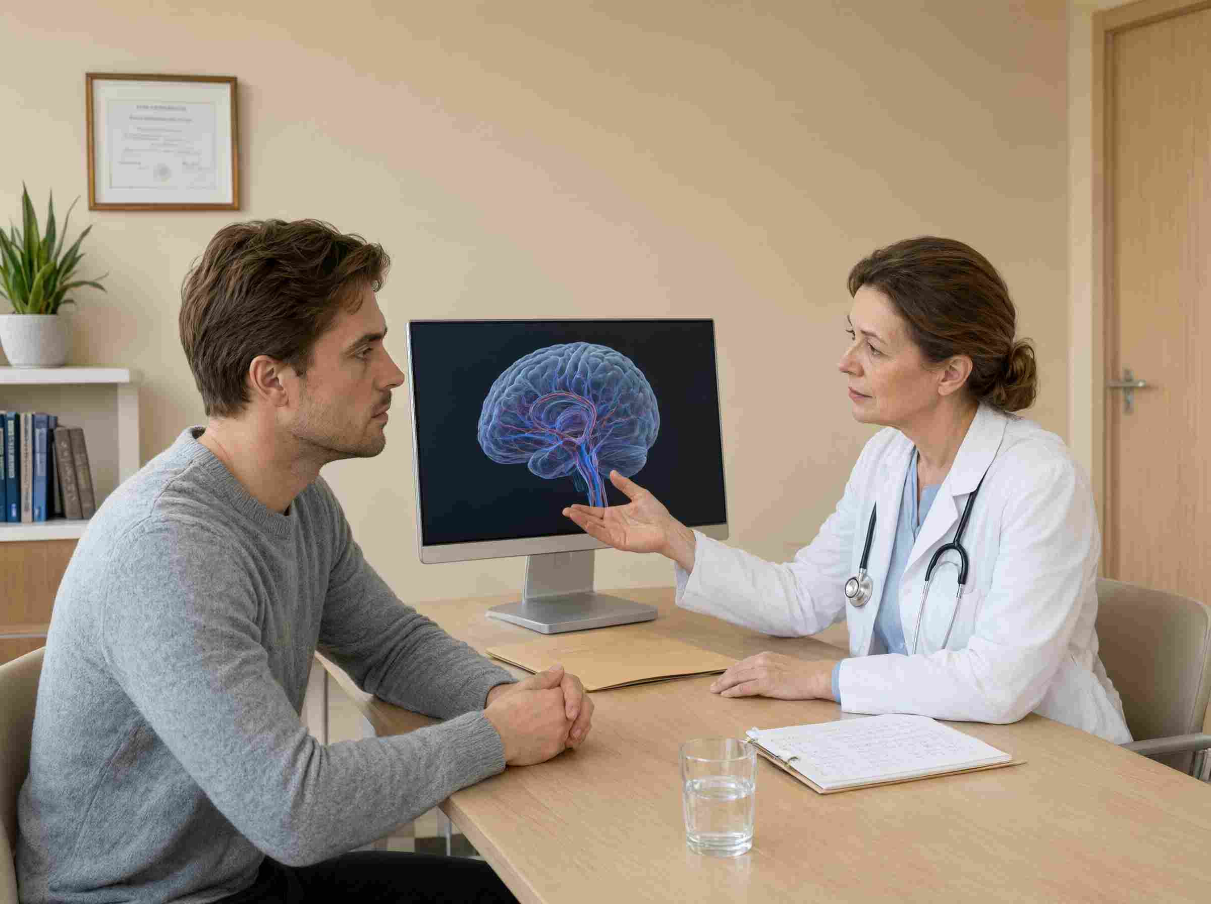 Лечение от токсикомании врач объясняет пациенту результат обследования
